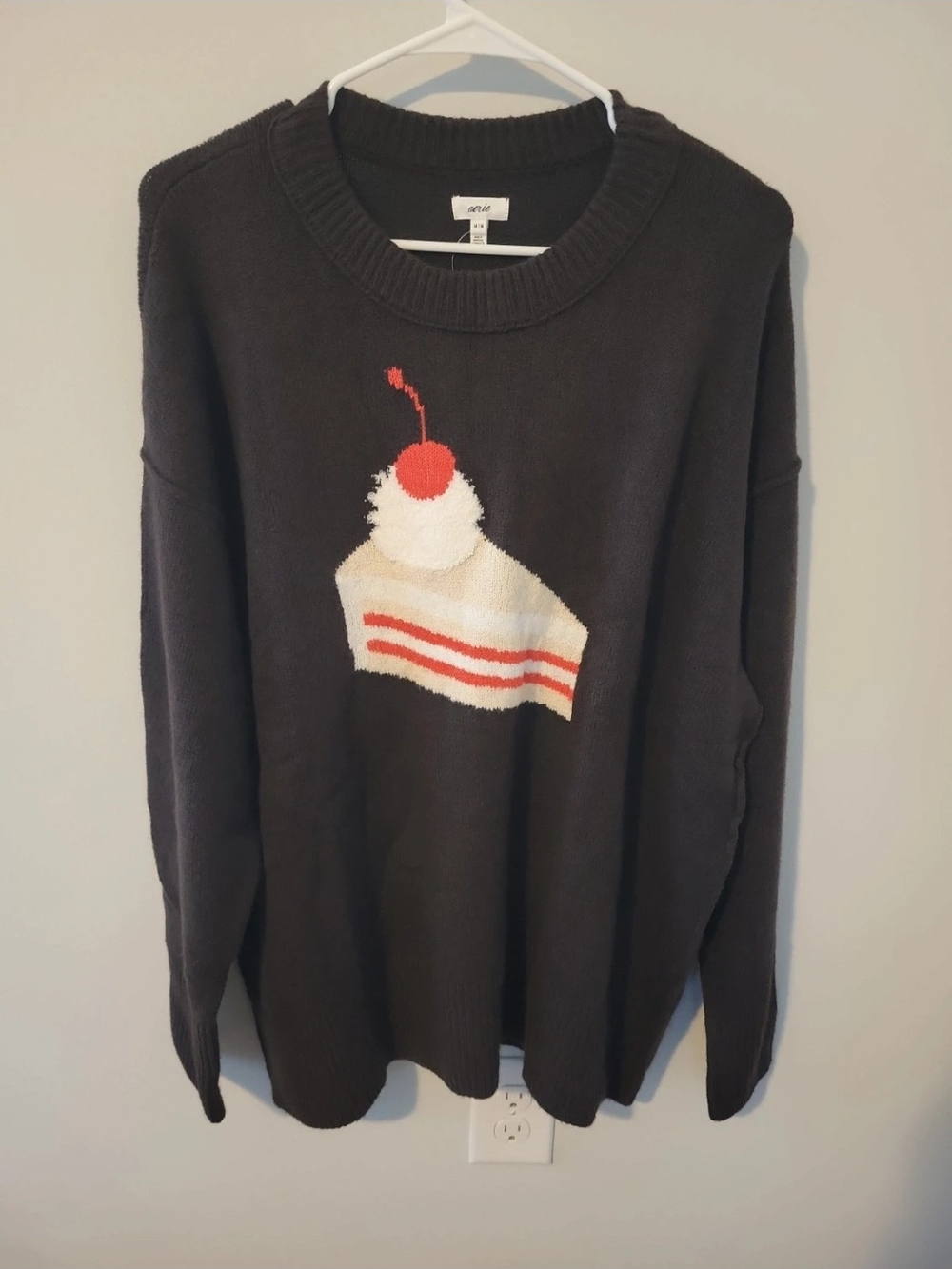 aerie Black Crewneck Sweater with Cherry Slice Graphic